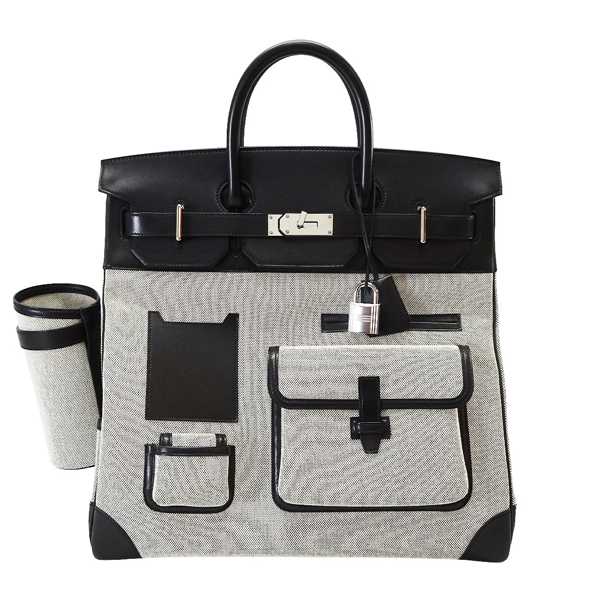 [Pre-loved] HERMES Handbag Haut a Courroies 40 Cargo Pocket Noir (Black)/Ecru Toile H/Evercalf Silver HW Stamp W[USED SA][Authentic]