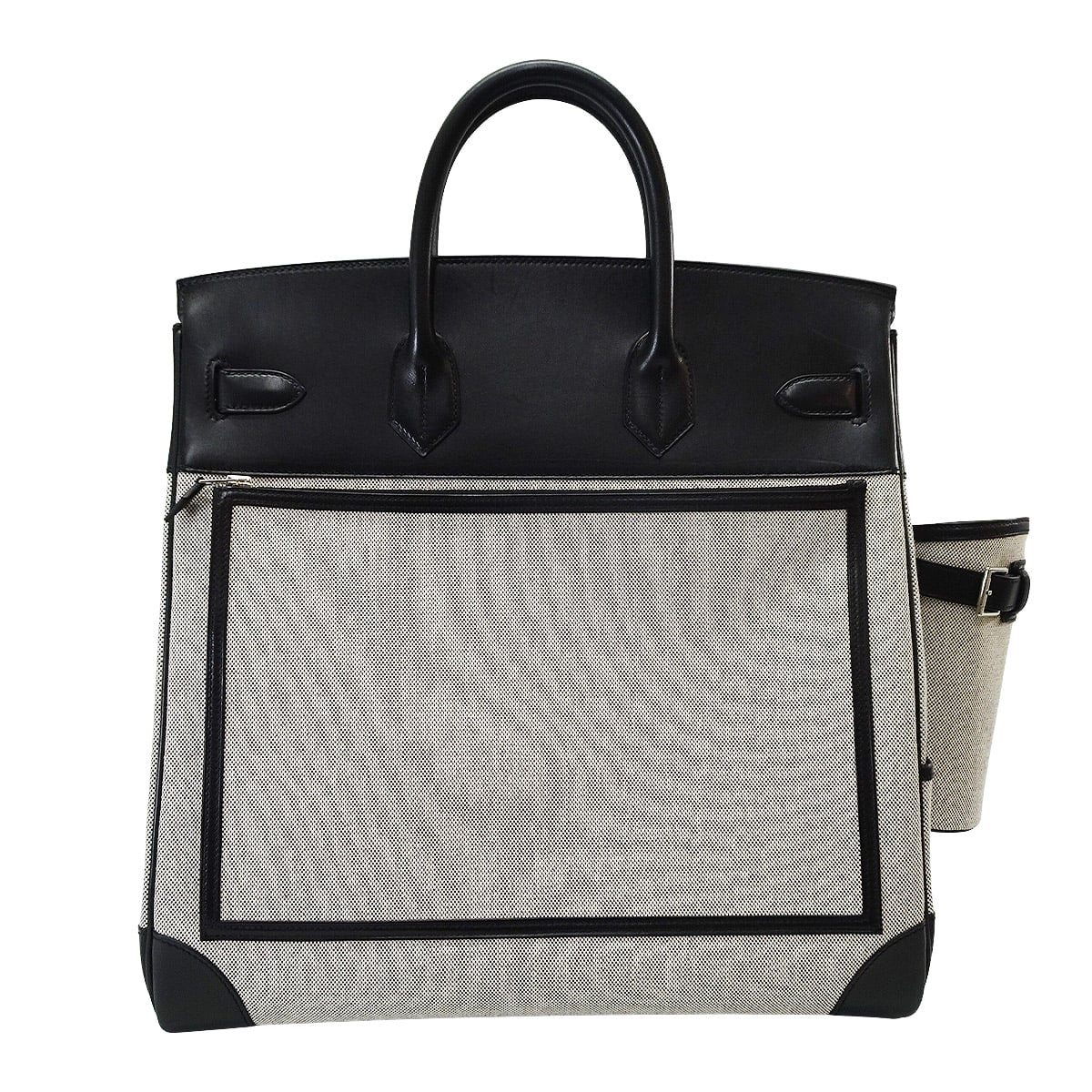 [Pre-loved] HERMES Handbag Haut a Courroies 40 Cargo Pocket Noir (Black)/Ecru Toile H/Evercalf Silver HW Stamp W[USED SA][Authentic]