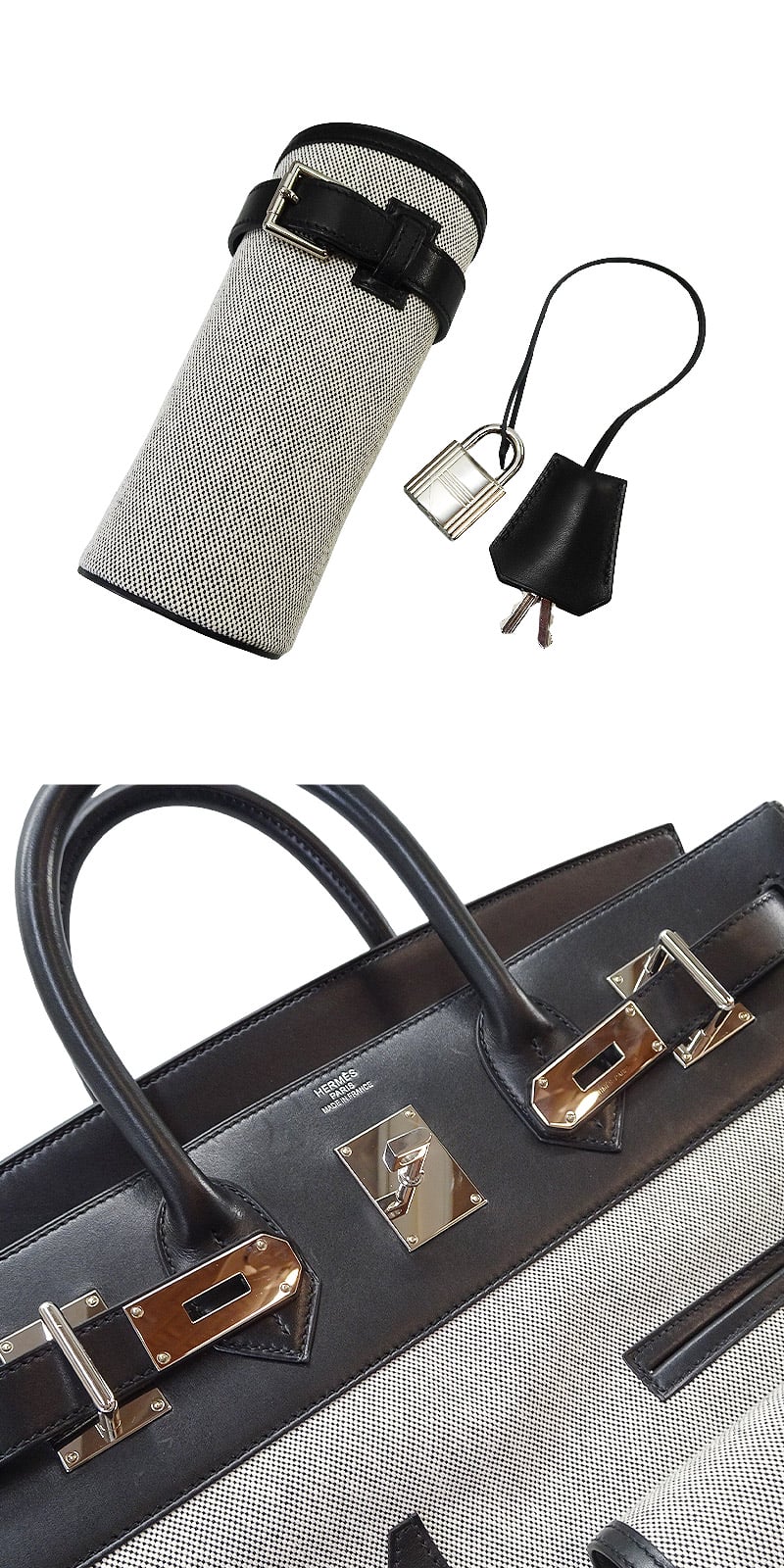 [Pre-loved] HERMES Handbag Haut a Courroies 40 Cargo Pocket Noir (Black)/Ecru Toile H/Evercalf Silver HW Stamp W[USED SA][Authentic]