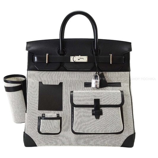 [Pre-loved] HERMES Handbag Haut a Courroies 40 Cargo Pocket Noir (Black)/Ecru Toile H/Evercalf Silver HW Stamp W[USED SA][Authentic]