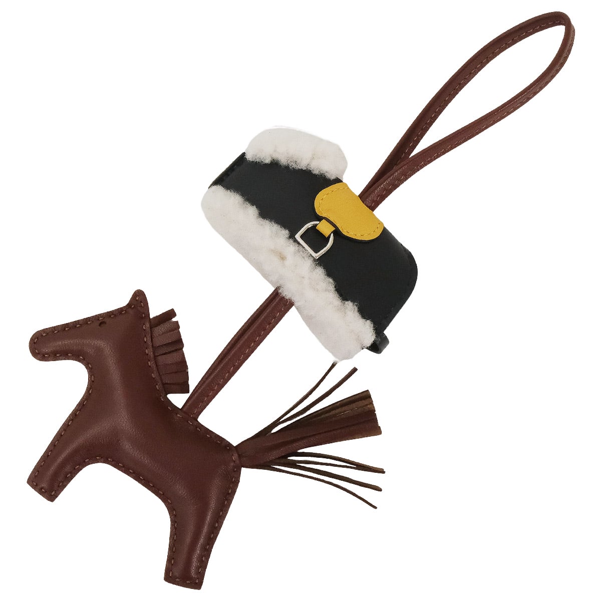 HERMES bag charm Rodeo Robeo Plush PMTail/Paille/Black/Ecru Agneau Milo/Veau Swift Silver HW Stamp G[BRAND NEW][Authentic]
