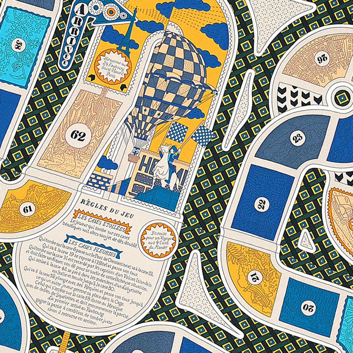 2018AW HERMES scarf Carre 90 Le Tour Du Monde En 63 Cases With DiceMarine/Orange Silk100%[ALMOST NEW][Authentic]