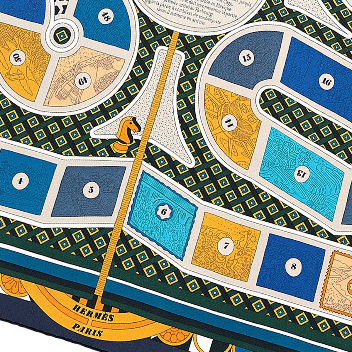 2018AW HERMES scarf Carre 90 Le Tour Du Monde En 63 Cases With DiceMarine/Orange Silk100%[ALMOST NEW][Authentic]