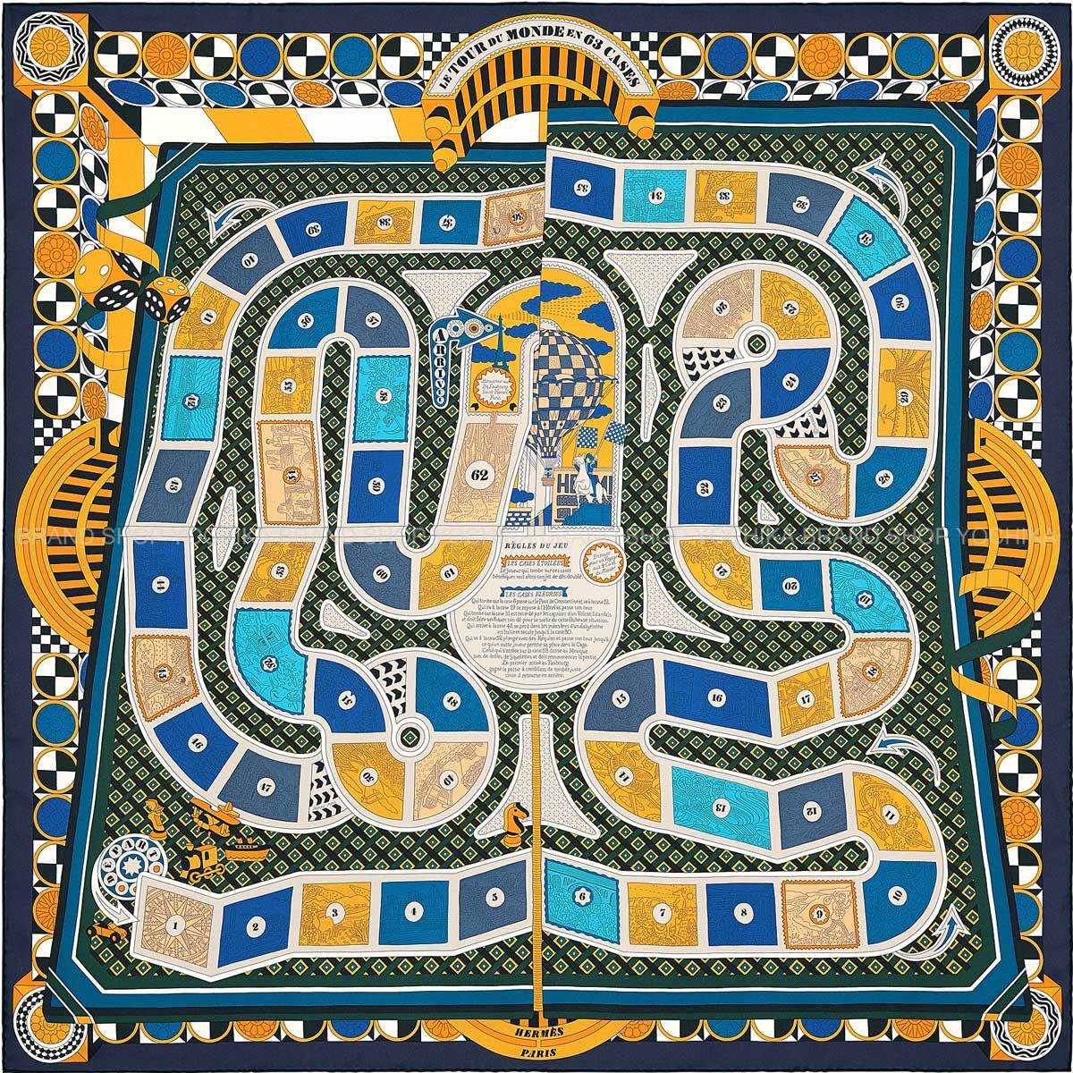 2018AW HERMES scarf Carre 90 Le Tour Du Monde En 63 Cases With DiceMarine/Orange Silk100%[ALMOST NEW][Authentic]