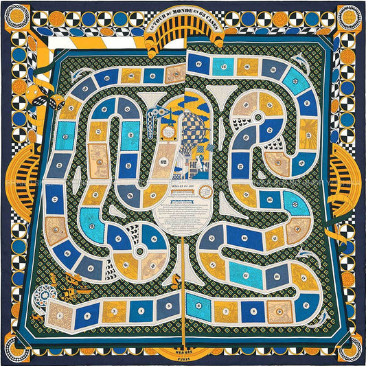 2018AW HERMES scarf Carre 90 Le Tour Du Monde En 63 Cases With DiceMarine/Orange Silk100%[ALMOST NEW][Authentic]