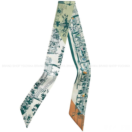 HERMES scarf Twilly A l'Ombre des Boulevards Blanc (White)Vert/Gris Silk100%[BRAND NEW][Authentic]
