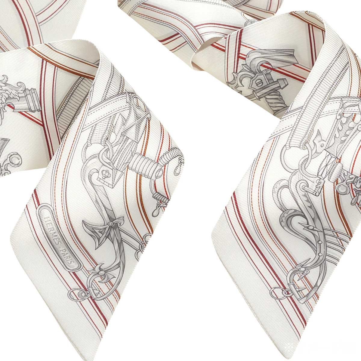 HERMES scarf Twilly Harnais Legendaire Blanc (White)/Gris Perle/Rouge H Silk100%[BRAND NEW][Authentic]