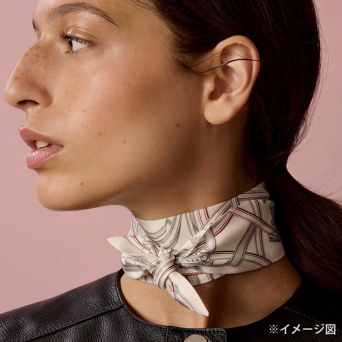 HERMES scarf Twilly Harnais Legendaire Blanc (White)/Gris Perle/Rouge H Silk100%[BRAND NEW][Authentic]