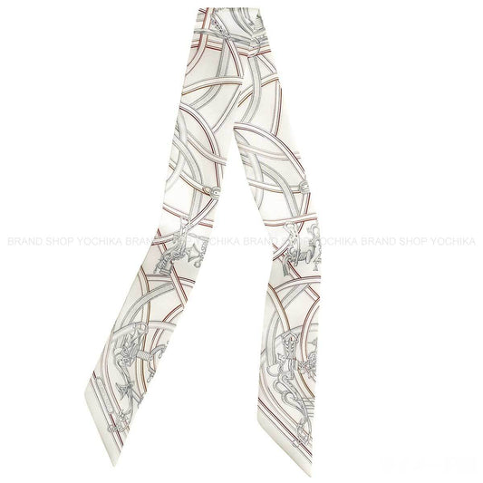 HERMES scarf Twilly Harnais Legendaire Blanc (White)/Gris Perle/Rouge H Silk100%[BRAND NEW][Authentic]