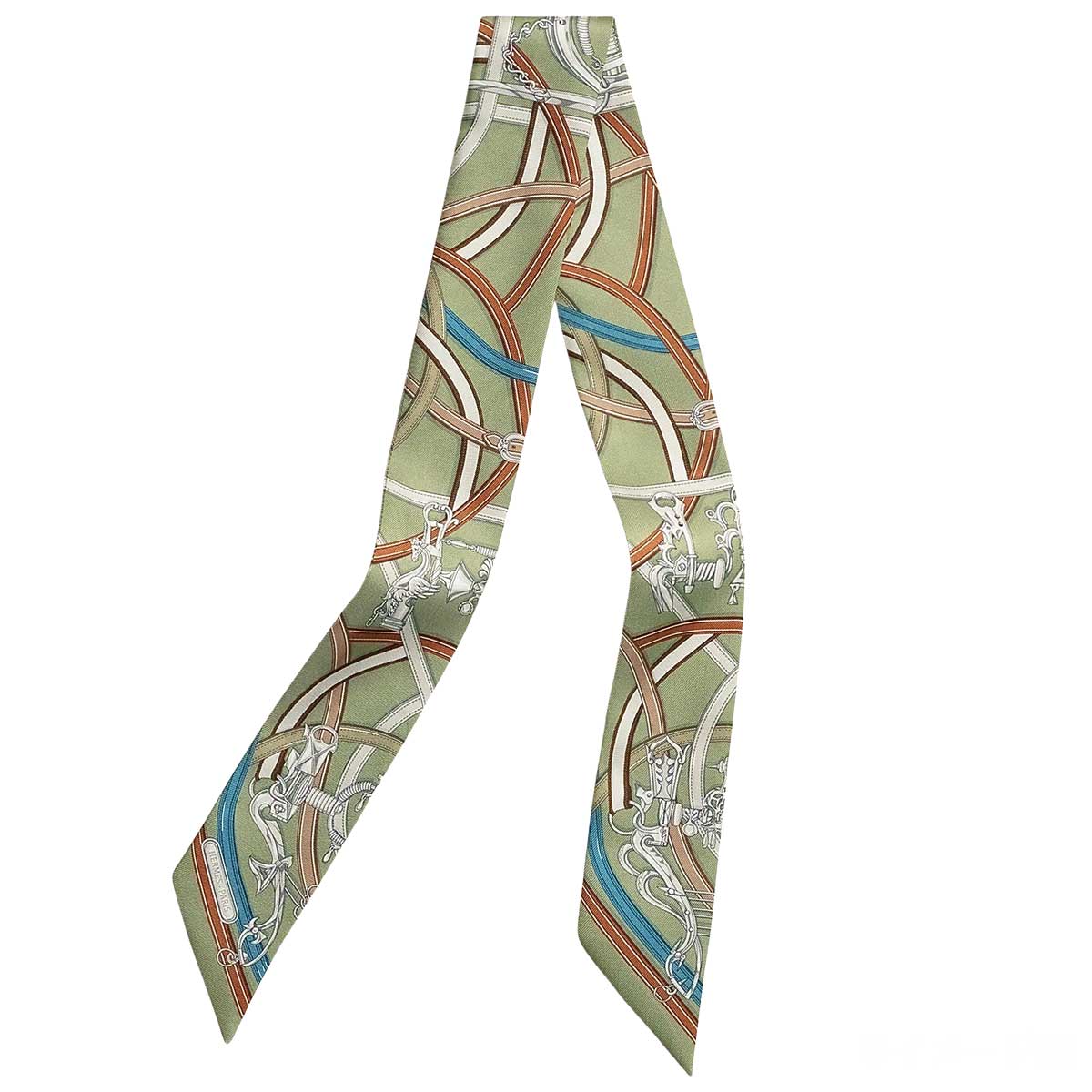 HERMES scarf Twilly Harnais Legendaire Vert Amande/Bleu Jean/Cannelle Silk100%[BRAND NEW][Authentic]