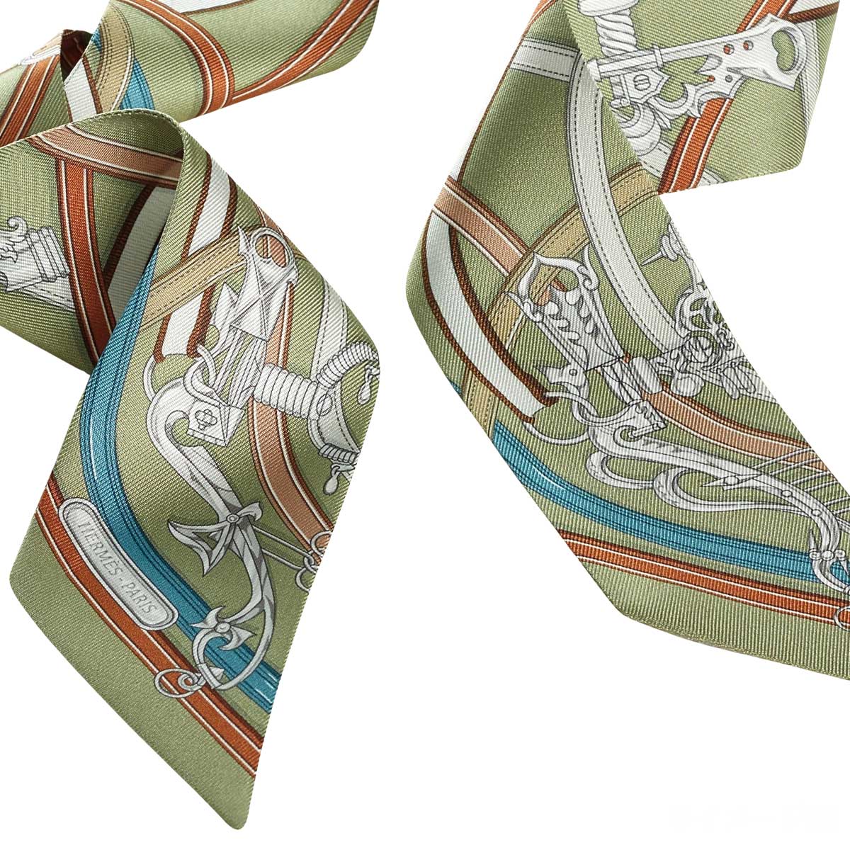 HERMES scarf Twilly Harnais Legendaire Vert Amande/Bleu Jean/Cannelle Silk100%[BRAND NEW][Authentic]