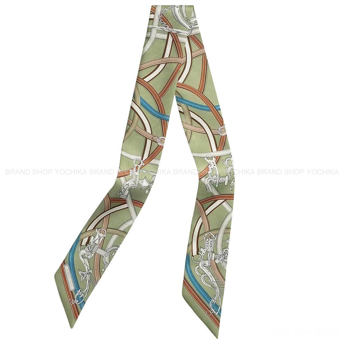HERMES scarf Twilly Harnais Legendaire Vert Amande/Bleu Jean/Cannelle Silk100%[BRAND NEW][Authentic]