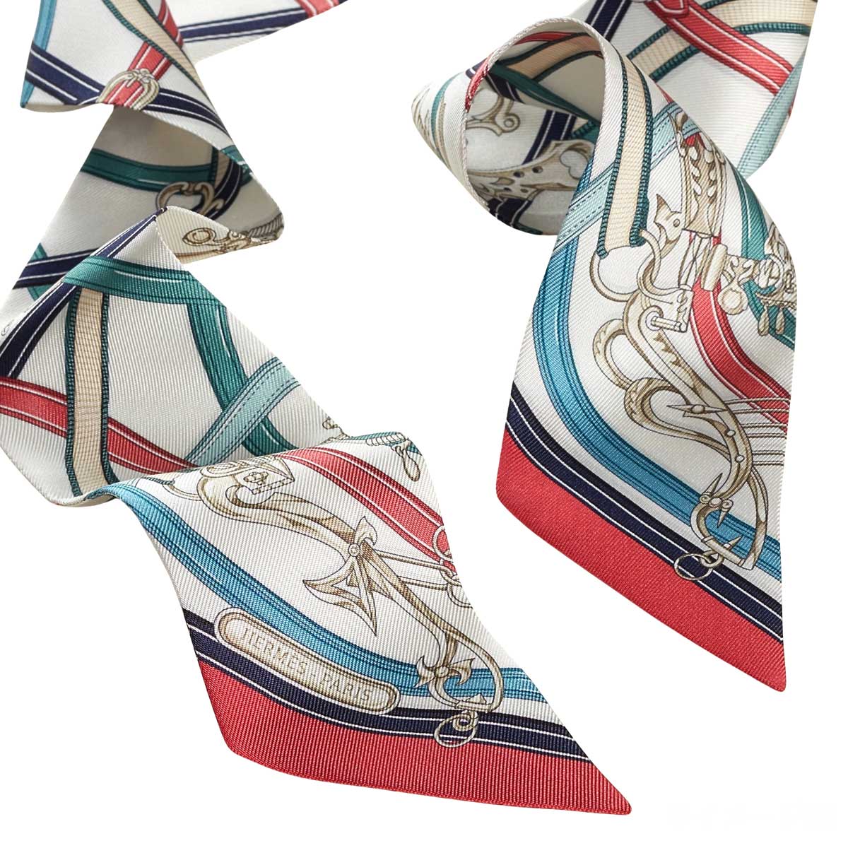 HERMES scarf Twilly Harnais Legendaire Blanc (White)/Bleu Jean/Bois de Rose (Rose Wood) Silk100%[BRAND NEW][Authentic]