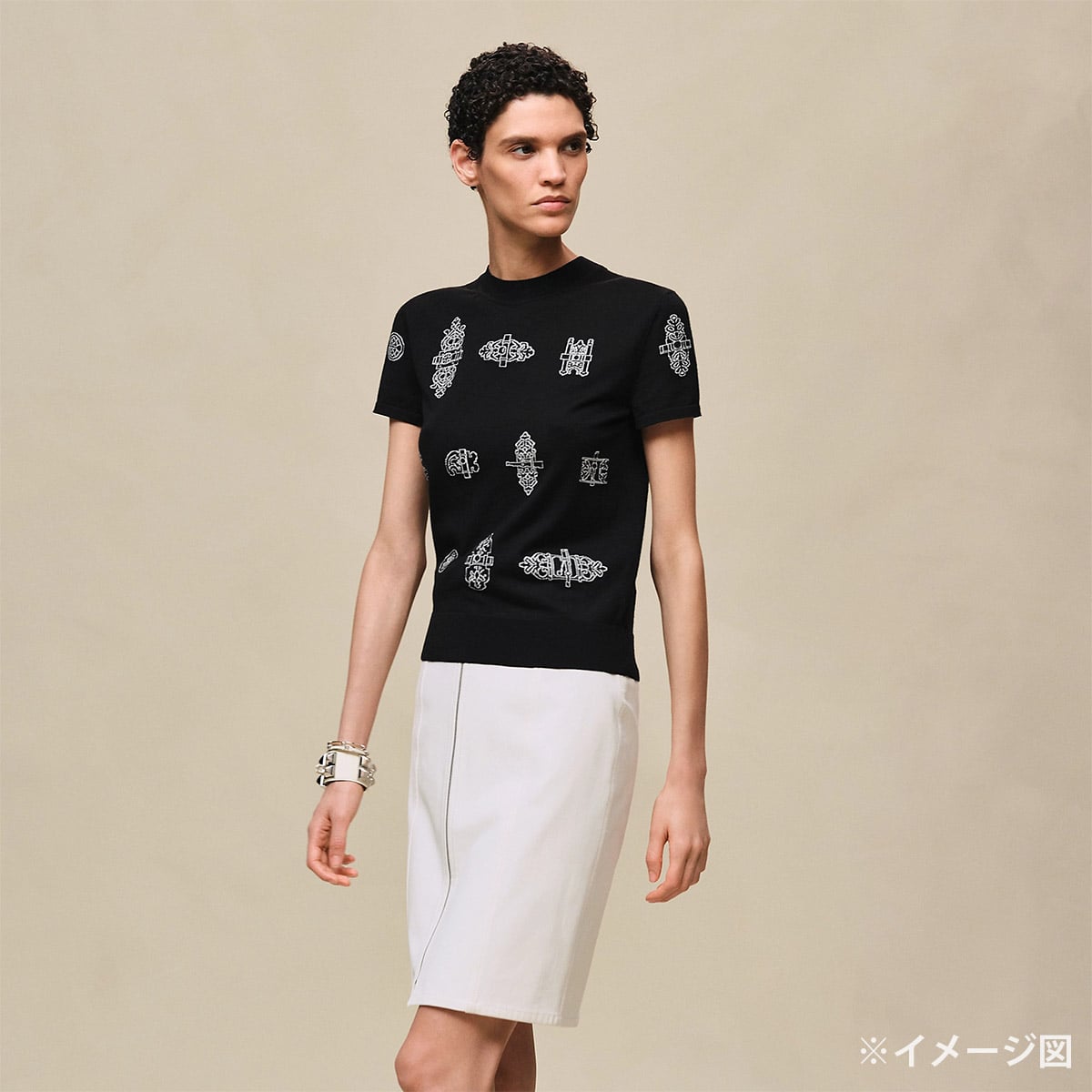 2026 SS HERMES Knit Short Sleeve Sweater Ferronnerie motif Noir (Black) Wool/Nylon/Polyurethane ＃42 6E2685DC[EXCELLENT][Authentic]