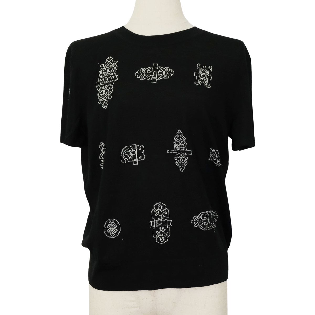 2026 SS HERMES Knit Short Sleeve Sweater Ferronnerie motif Noir (Black) Wool/Nylon/Polyurethane ＃42 6E2685DC[EXCELLENT][Authentic]