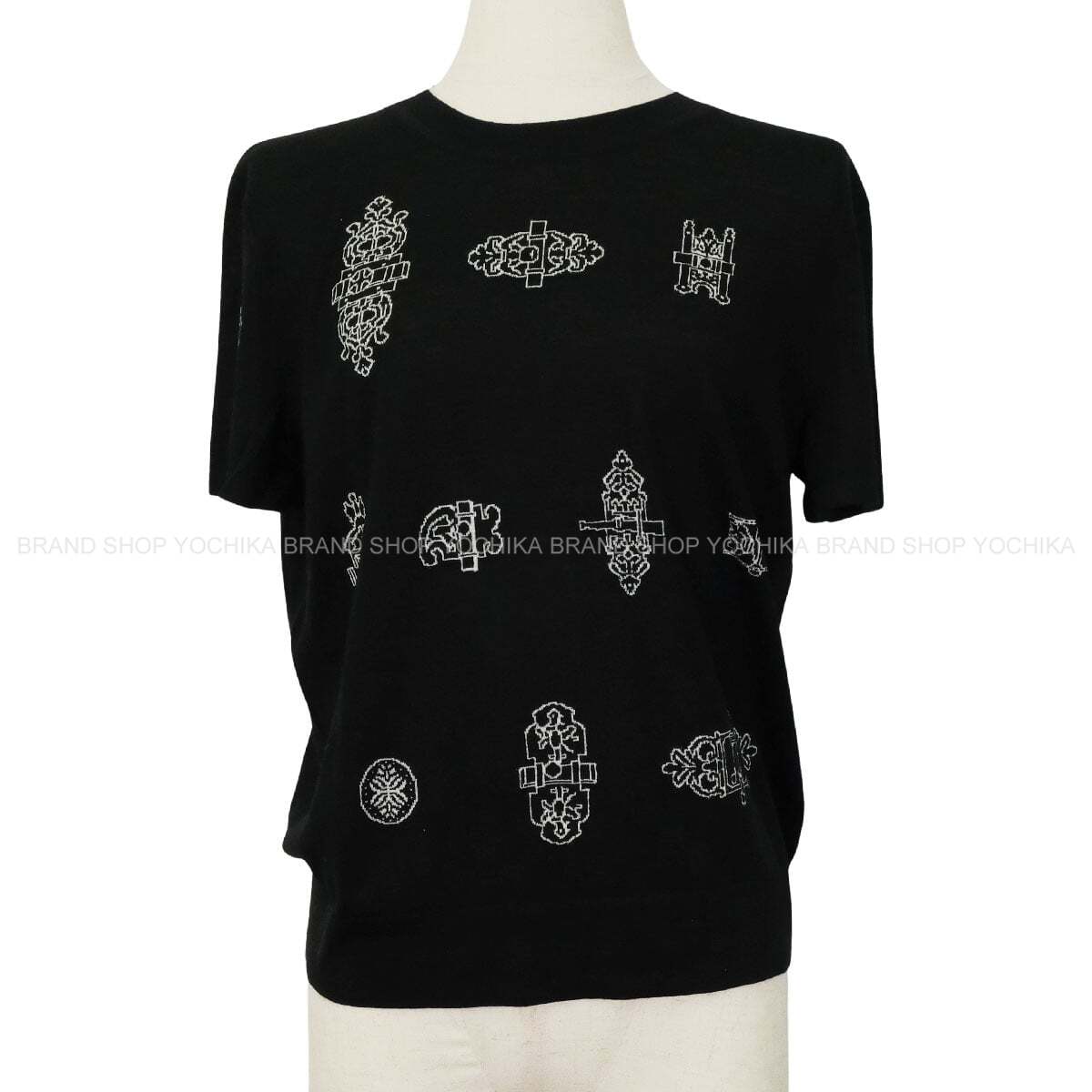 2026 SS HERMES Knit Short Sleeve Sweater Ferronnerie motif Noir (Black) Wool/Nylon/Polyurethane ＃42 6E2685DC[EXCELLENT][Authentic]