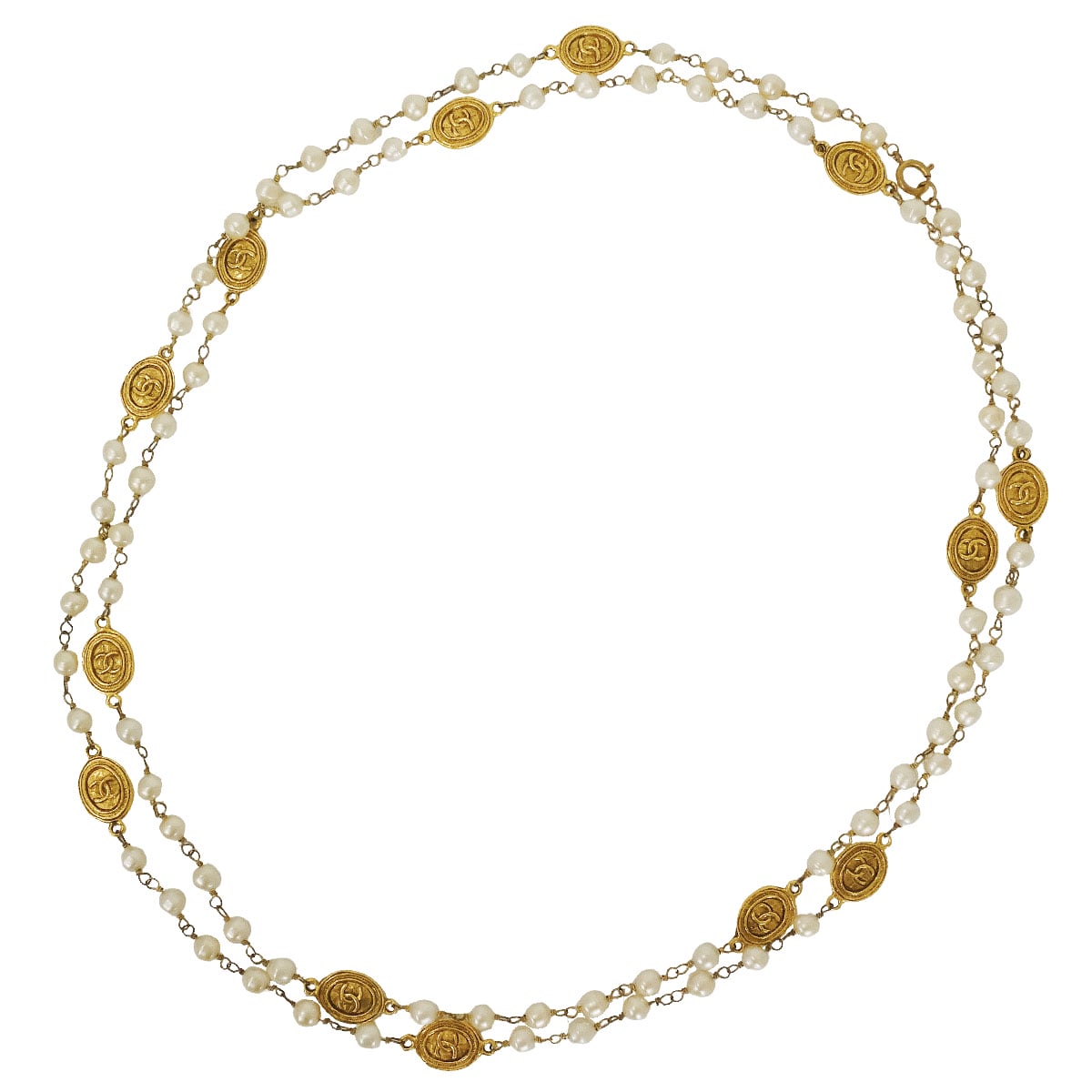 [Pre-loved] CHANEL necklace Long Necklace COCO Mark Vintage Culture Pearl Coin Blanc (White)/Gold Fake Pearl Gold HW[USED A][Authentic]