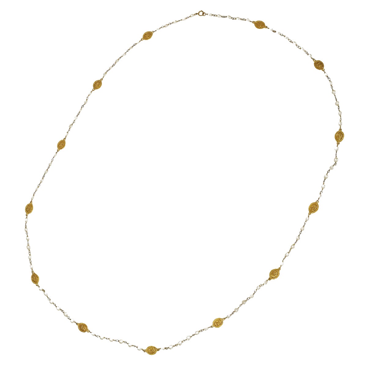[Pre-loved] CHANEL necklace Long Necklace COCO Mark Vintage Culture Pearl Coin Blanc (White)/Gold Fake Pearl Gold HW[USED A][Authentic]