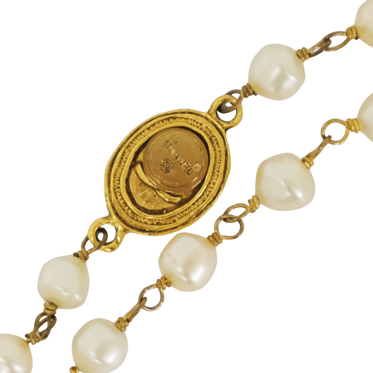 [Pre-loved] CHANEL necklace Long Necklace COCO Mark Vintage Culture Pearl Coin Blanc (White)/Gold Fake Pearl Gold HW[USED A][Authentic]