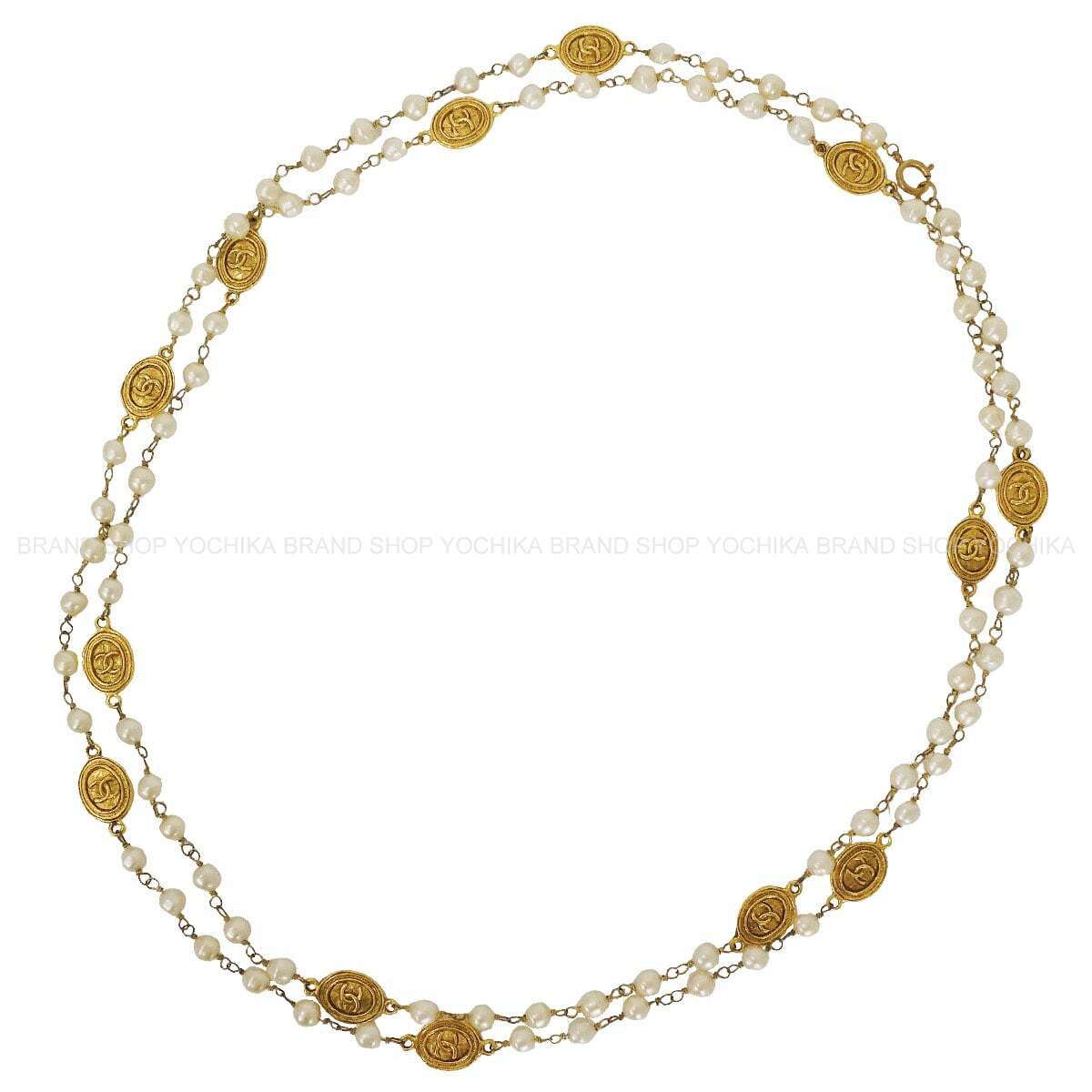 [Pre-loved] CHANEL necklace Long Necklace COCO Mark Vintage Culture Pearl Coin Blanc (White)/Gold Fake Pearl Gold HW[USED A][Authentic]