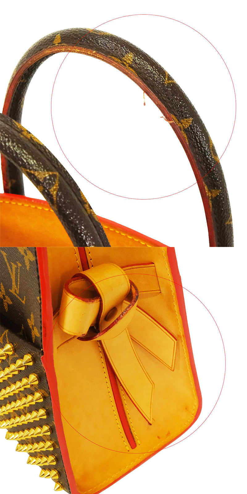 [Pre-loved] LOUIS VUITTON tote bag Shopping Christian Louboutin Collaboration Studs Iconoclast Brown/Red Monogram Canvas/Unborn Calf Gold HW M41234[USED AB][Authentic]