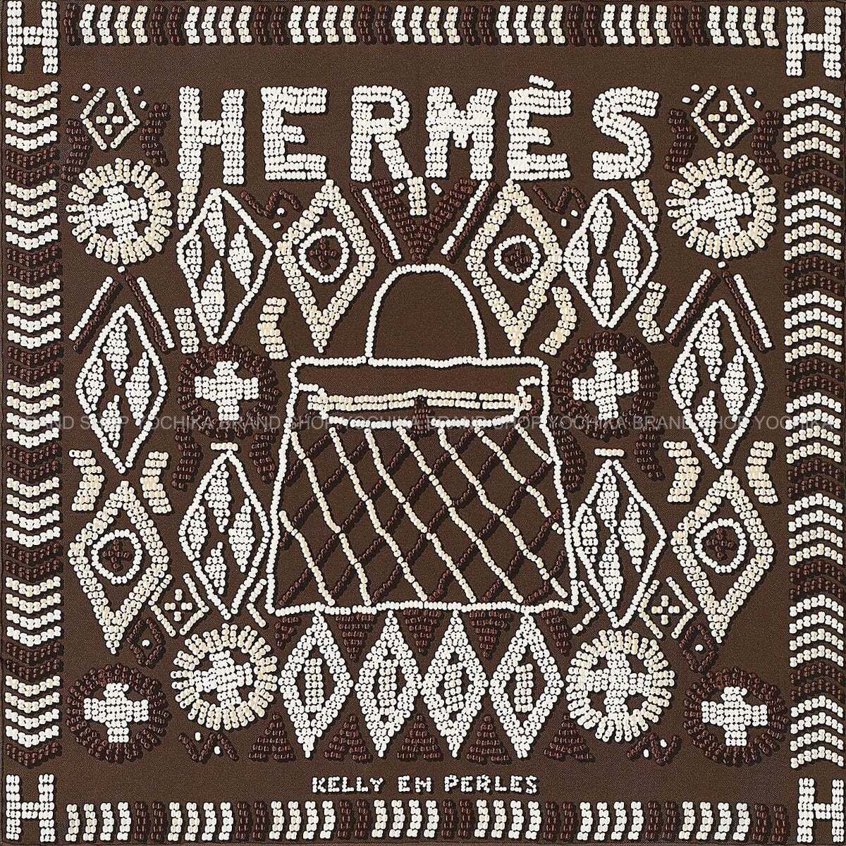 HERMES scarf Carre 45 Gavroche KELLY EN PERLESCream/Beige/ chocolate Silk100% H892552S[EXCELLENT][Authentic]