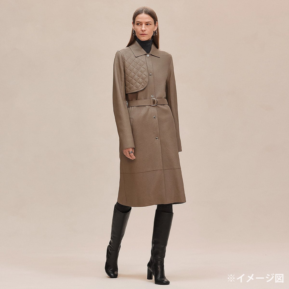 HERMES Trench coat Sellier Buttons Leather with Belt Grey/Etoupe Deerskin #38 Silver HW 3H1115D2[EXCELLENT][Authentic]