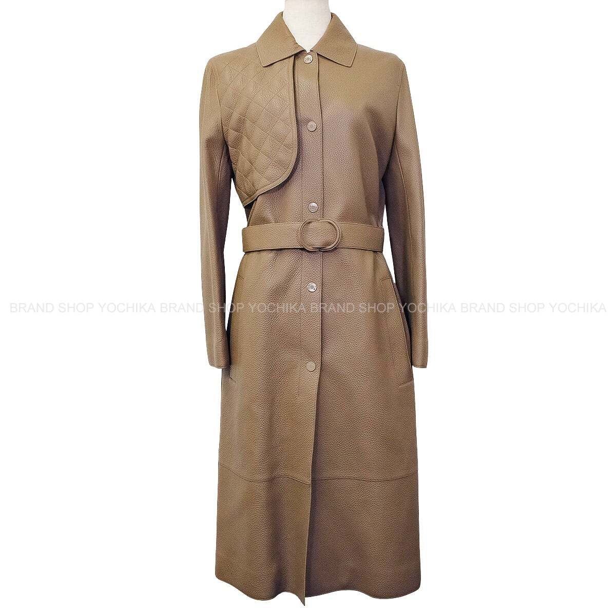 HERMES Trench coat Sellier Buttons Leather with Belt Grey/Etoupe Deerskin #38 Silver HW 3H1115D2[EXCELLENT][Authentic]