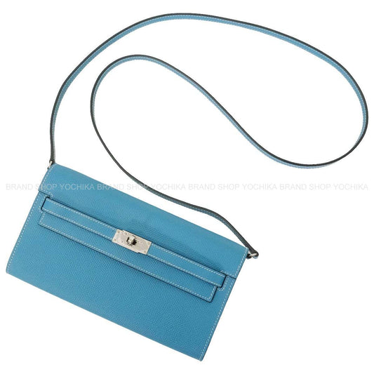HERMES long wallet Kelly Wallet Long To Go New Bleu Jean Veau Epsom Silver HW Stamp W[ALMOST NEW][Authentic]