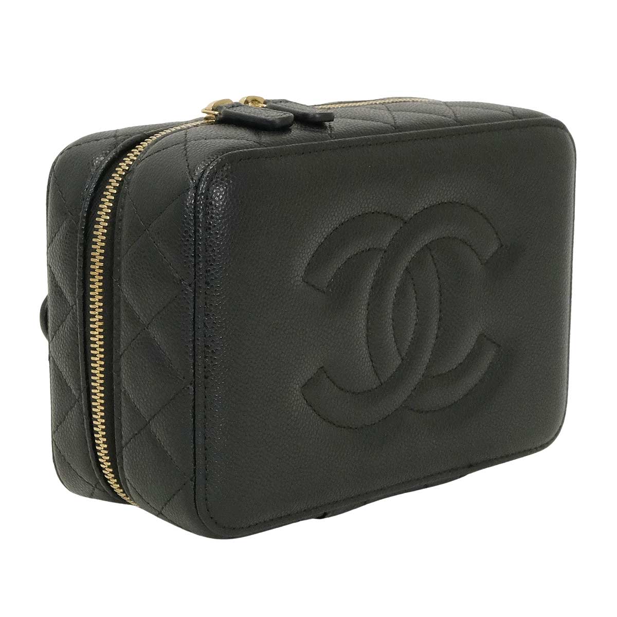 2025AW CHANEL Accessory Pouch Jewelry Box Vanity Case Matelasse COCO Mark with Mirror Noir (Black) Graind Calf(Caviarskin) Champagne Gold HW AP3685[EXCELLENT][Authentic]