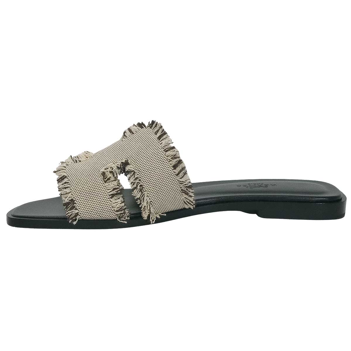 HERMES sandals Oran Prunoir Toile Fringe Maxi/Box Calf #37.5[BRAND NEW][Authentic]