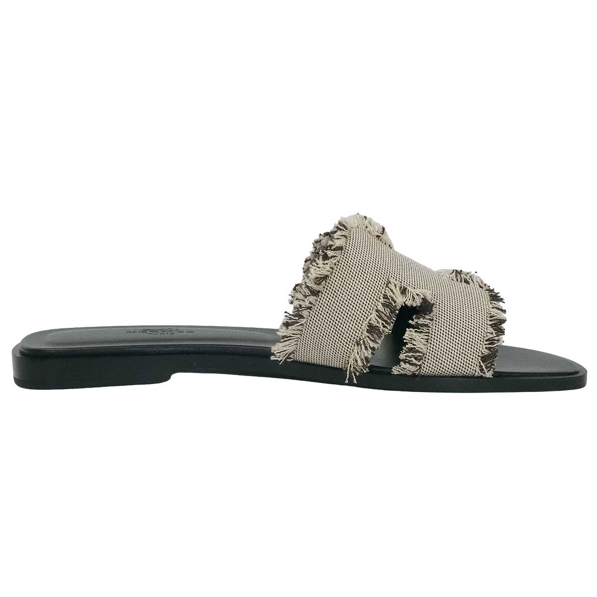 HERMES sandals Oran Prunoir Toile Fringe Maxi/Box Calf #37.5[BRAND NEW][Authentic]