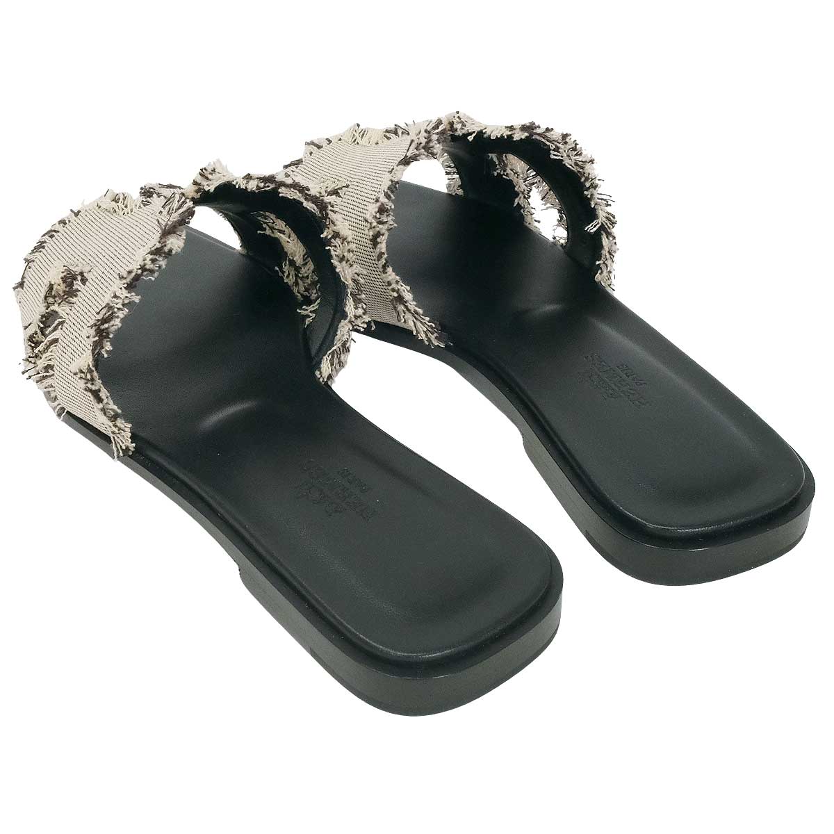 HERMES sandals Oran Prunoir Toile Fringe Maxi/Box Calf #37.5[BRAND NEW][Authentic]