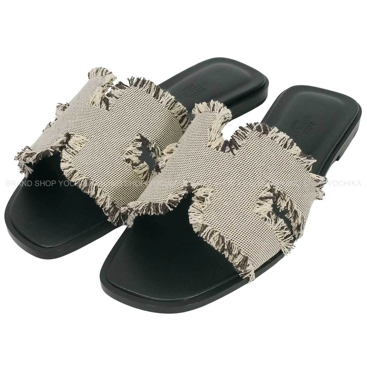 HERMES sandals Oran Prunoir Toile Fringe Maxi/Box Calf #37.5[BRAND NEW][Authentic]