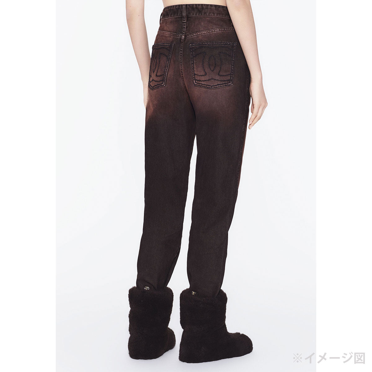 CHANEL Denim Pants Jeans Jeweled Button COCO Mark Stitching Brown Cotton #34 Silver HW P79653[BRAND NEW][Authentic]