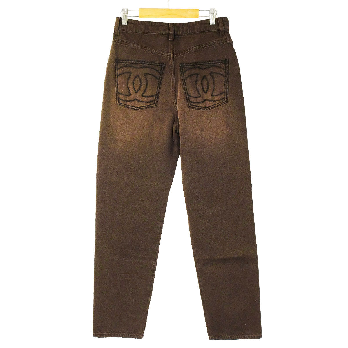 CHANEL Denim Pants Jeans Jeweled Button COCO Mark Stitching Brown Cotton #34 Silver HW P79653[BRAND NEW][Authentic]