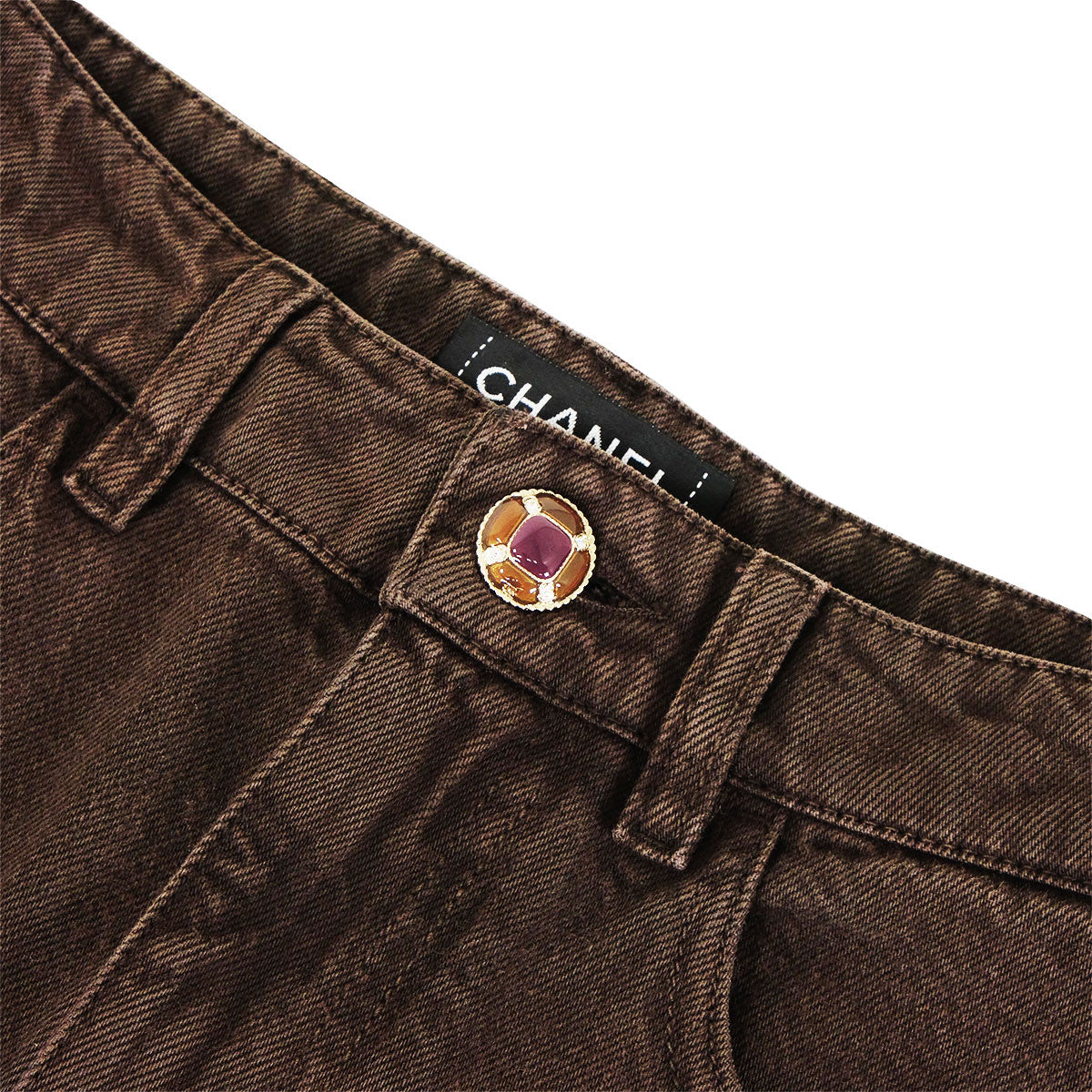 CHANEL Denim Pants Jeans Jeweled Button COCO Mark Stitching Brown Cotton #34 Silver HW P79653[BRAND NEW][Authentic]