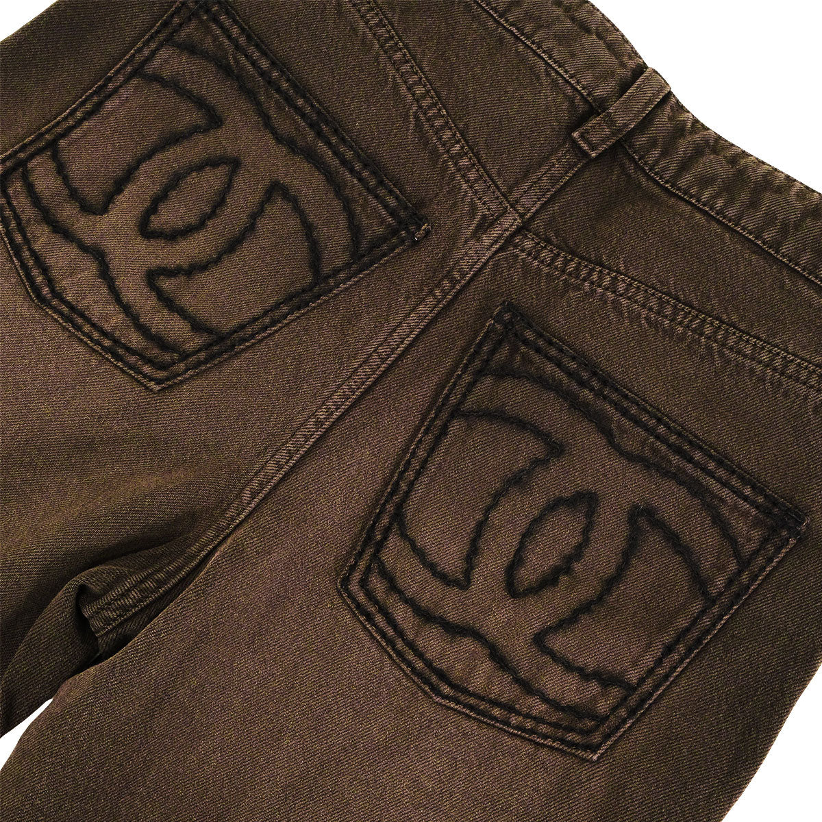 CHANEL Denim Pants Jeans Jeweled Button COCO Mark Stitching Brown Cotton #34 Silver HW P79653[BRAND NEW][Authentic]