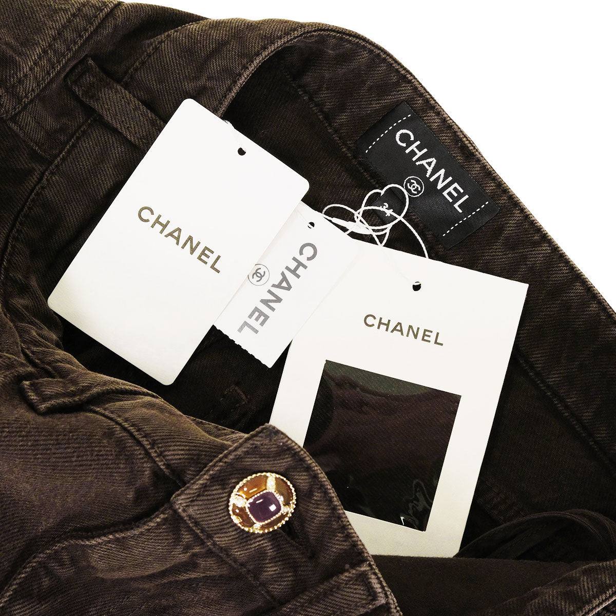 CHANEL Denim Pants Jeans Jeweled Button COCO Mark Stitching Brown Cotton #34 Silver HW P79653[BRAND NEW][Authentic]