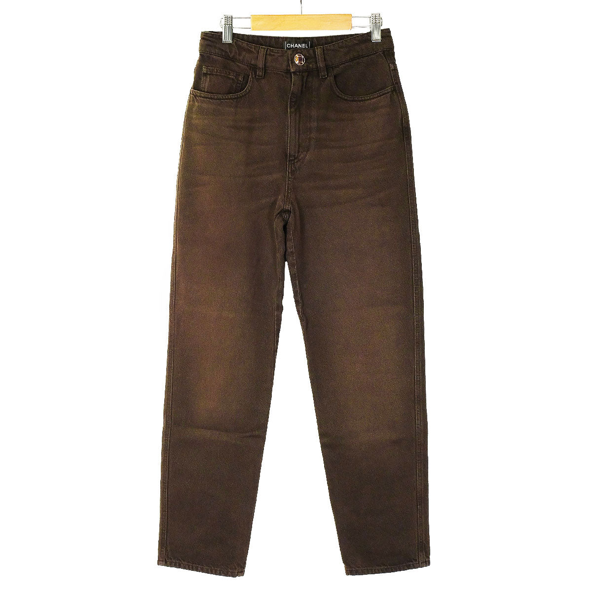 CHANEL Denim Pants Jeans Jeweled Button COCO Mark Stitching Brown Cotton #34 Silver HW P79653[BRAND NEW][Authentic]