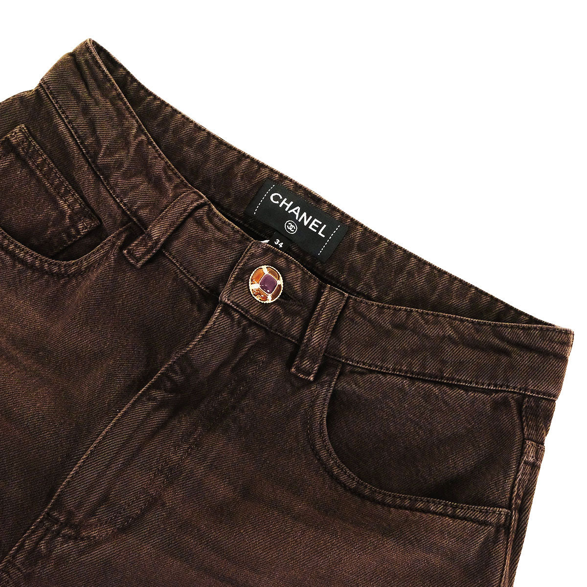 CHANEL Denim Pants Jeans Jeweled Button COCO Mark Stitching Brown Cotton #34 Silver HW P79653[BRAND NEW][Authentic]