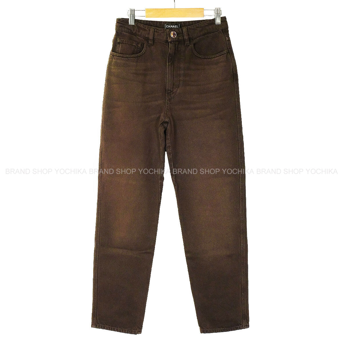 CHANEL Denim Pants Jeans Jeweled Button COCO Mark Stitching Brown Cotton #34 Silver HW P79653[BRAND NEW][Authentic]