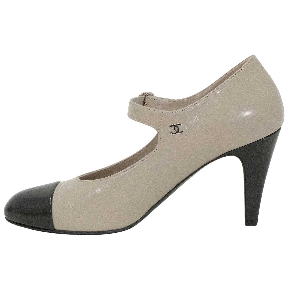 CHANEL pumps Ankle Strap Heels Bicolor COCO MarkGreige/White #38c Silver HW G39111[EXCELLENT][Authentic]