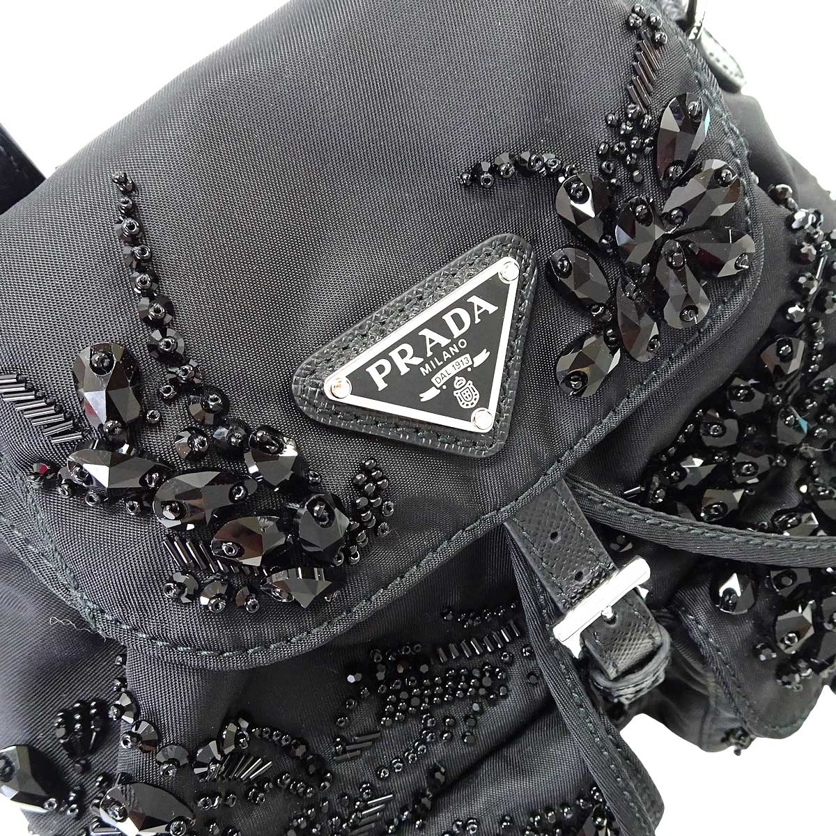 PRADA Shoulder bag Mini Chain Re-Nylon Bijou Embellishments Noir (Black) Nylon Saffiano Leather Silver HW 1BH0292[BRAND NEW][Authentic]