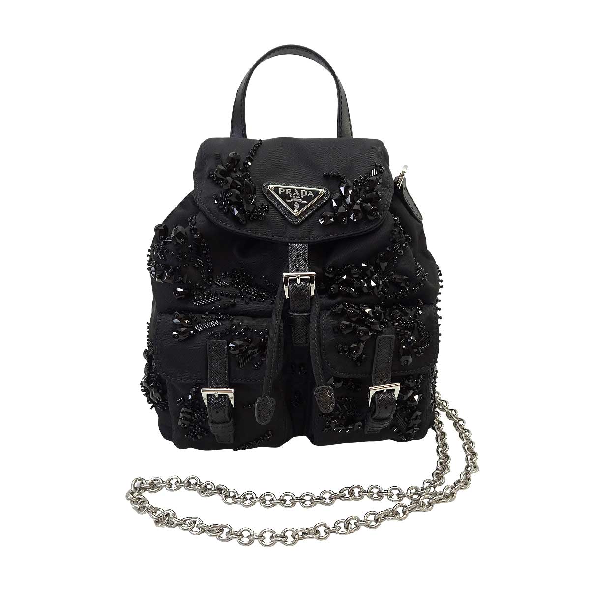 PRADA Shoulder bag Mini Chain Re-Nylon Bijou Embellishments Noir (Black) Nylon Saffiano Leather Silver HW 1BH0292[BRAND NEW][Authentic]