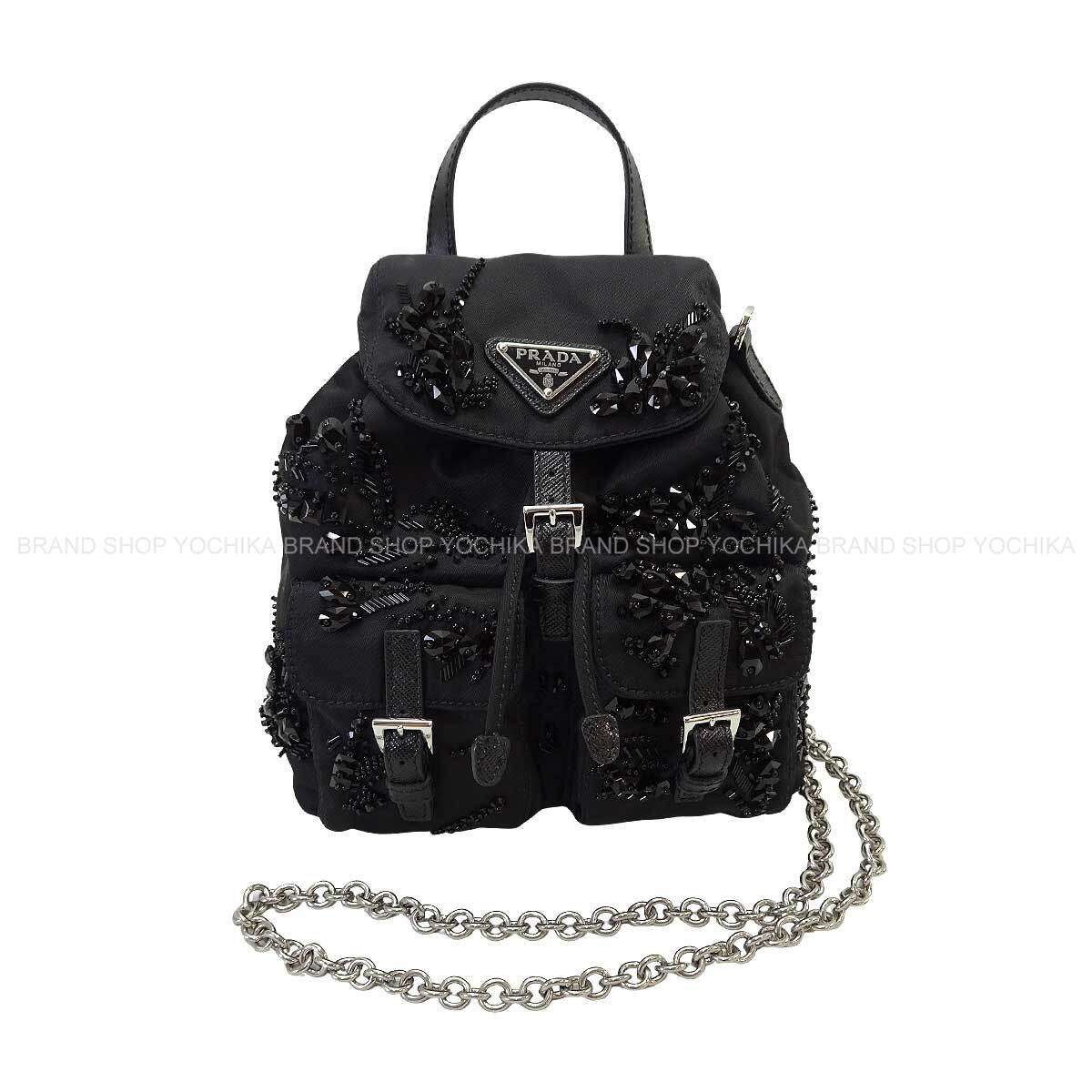 PRADA Shoulder bag Mini Chain Re-Nylon Bijou Embellishments Noir (Black) Nylon Saffiano Leather Silver HW 1BH0292[BRAND NEW][Authentic]