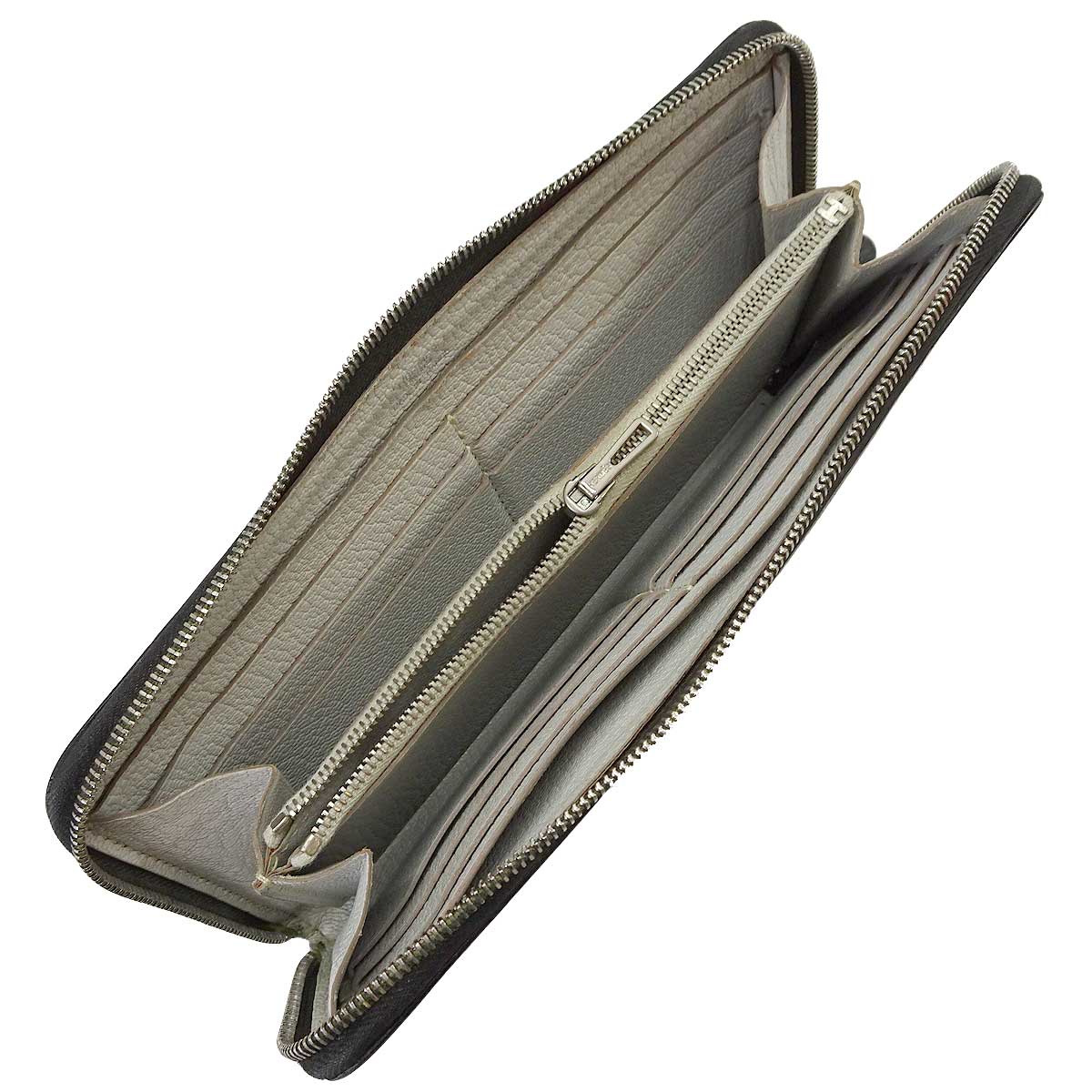 [Pre-loved] HERMES long wallet Evelyne Round Wallet Zip Noir (Black)/Gris Perle Chevre Mysore Silver HW Stamp □Q[USED A][Authentic]