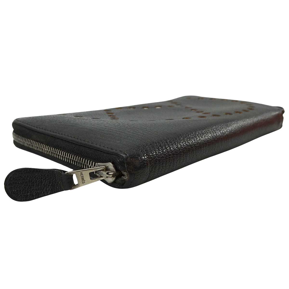 [Pre-loved] HERMES long wallet Evelyne Round Wallet Zip Noir (Black)/Gris Perle Chevre Mysore Silver HW Stamp □Q[USED A][Authentic]