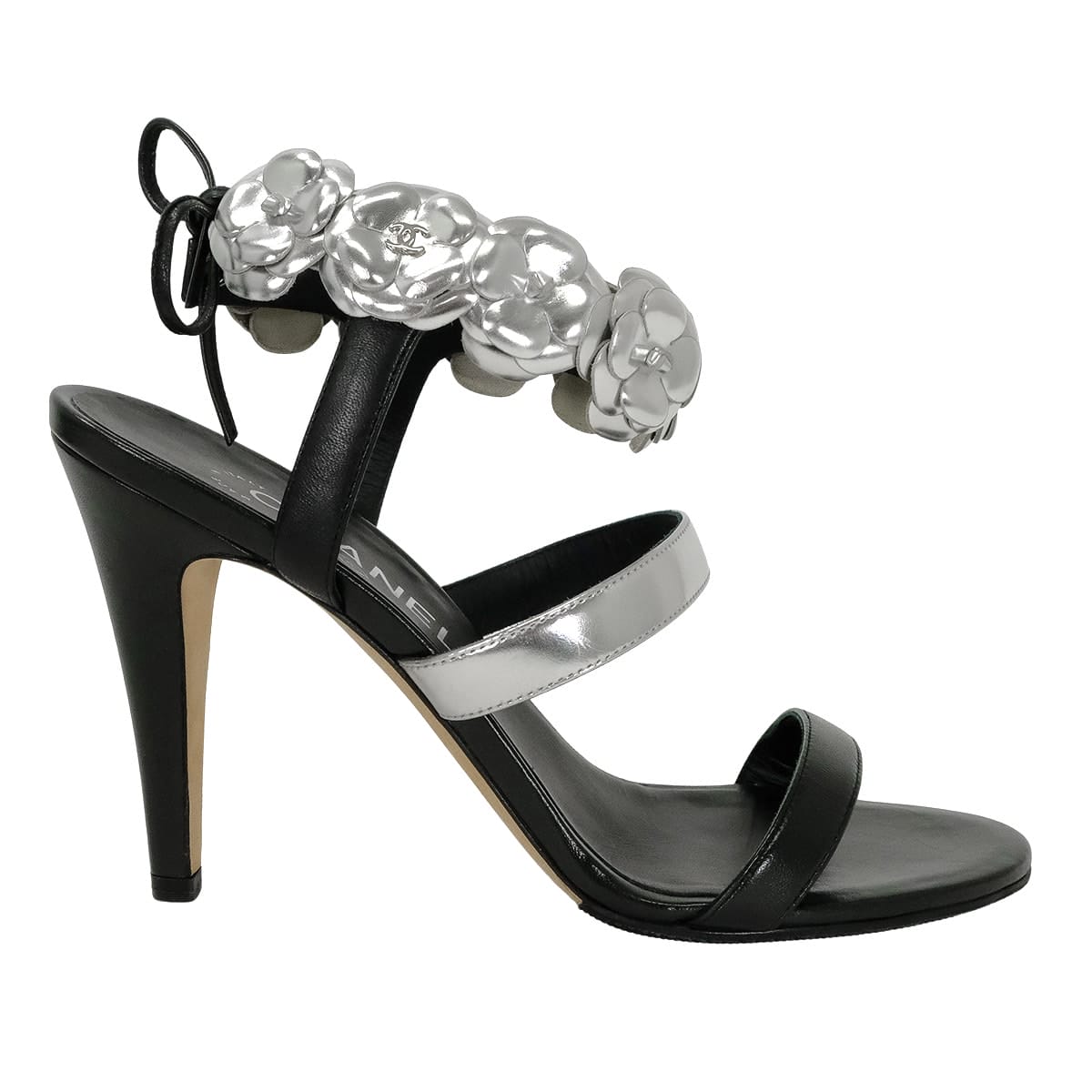 2016SS CHANEL sandals Open-toe Camellia Heels Noir (Black)/Silver Lambskin /Patent calfskin #37.5 G31796[EXCELLENT][Authentic]