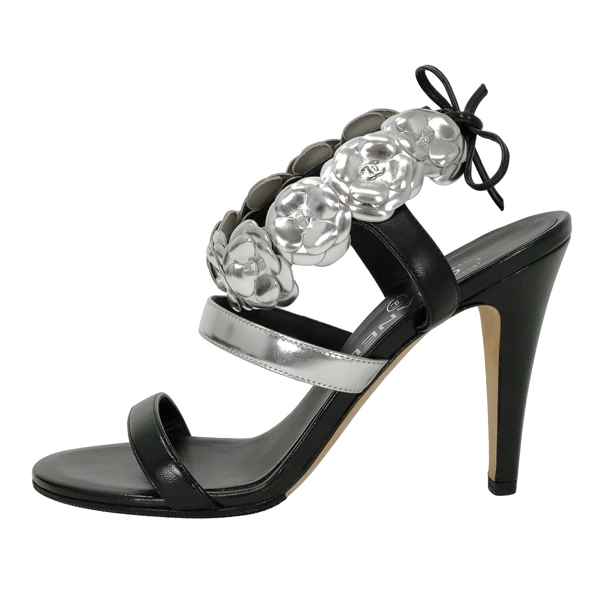 2016SS CHANEL sandals Open-toe Camellia Heels Noir (Black)/Silver Lambskin /Patent calfskin #37.5 G31796[EXCELLENT][Authentic]